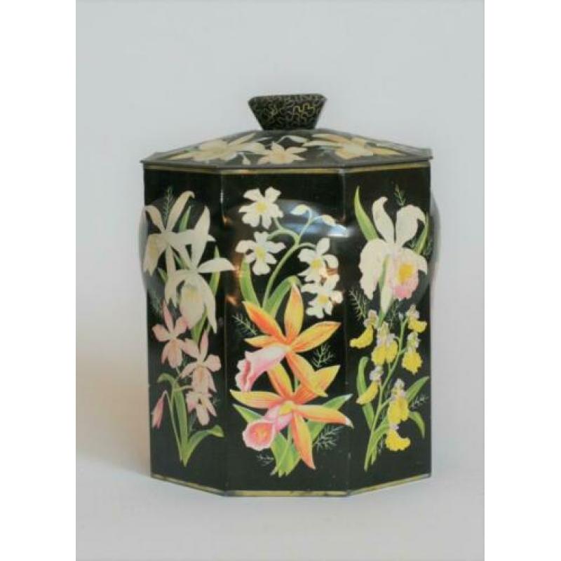 Oud Octagonaal Blik met een Floraal decor