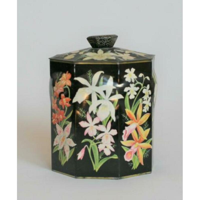Oud Octagonaal Blik met een Floraal decor