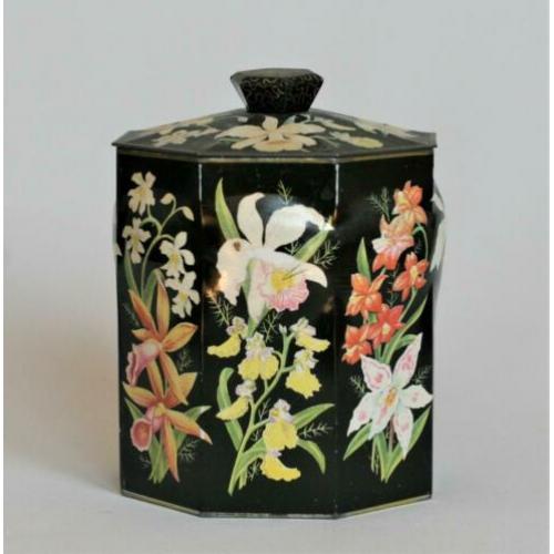 Oud Octagonaal Blik met een Floraal decor