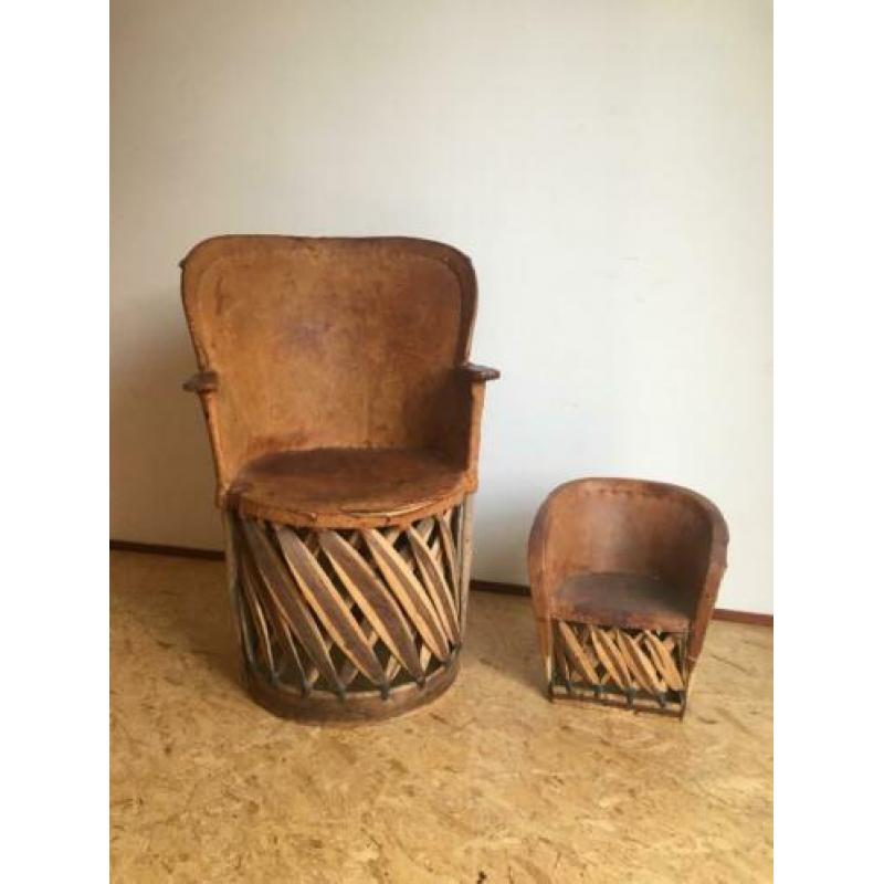 stoel, fauteuil, authentiek mexicaans leer en hout