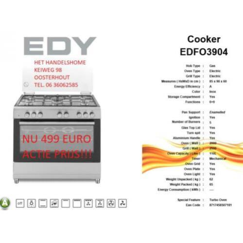 Nieuwe 90 cm brede RVS fornuizen met hete lucht oven 499 eur