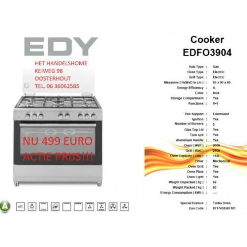 Nieuwe 90 cm brede RVS fornuizen met hete lucht oven 499 eur