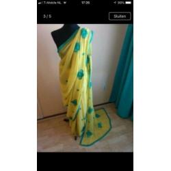 Geel groene Saree Sari ?? Indiase Jurk Georgette Nieuw