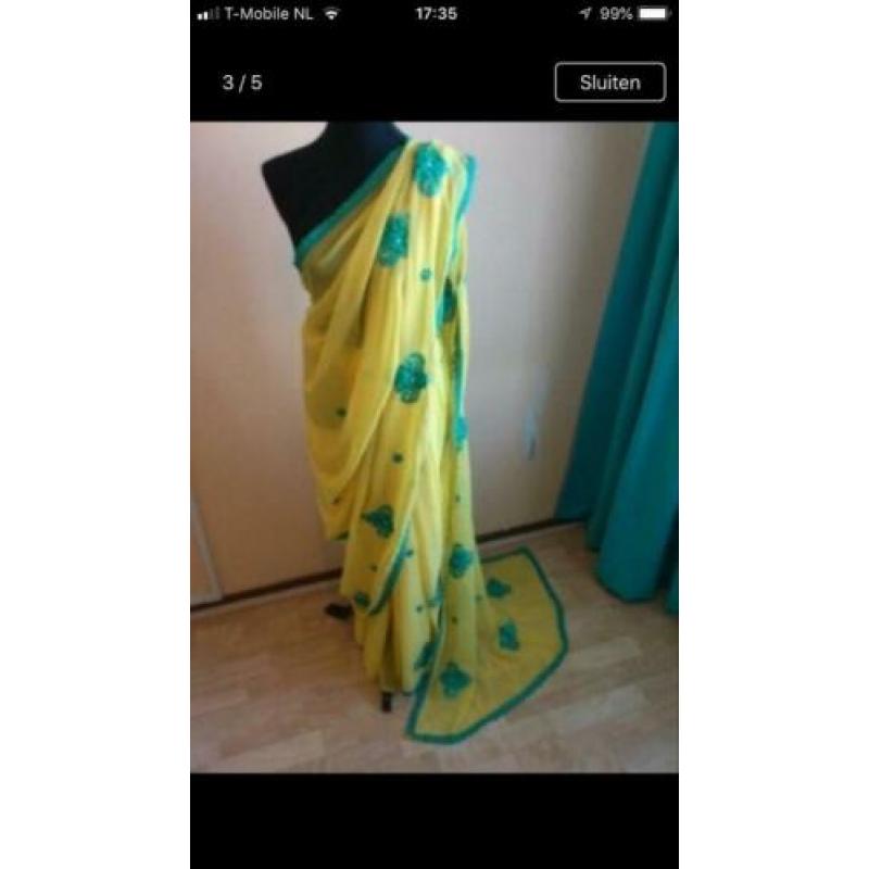 Geel groene Saree Sari ?? Indiase Jurk Georgette Nieuw