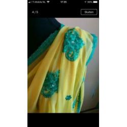 Geel groene Saree Sari ?? Indiase Jurk Georgette Nieuw