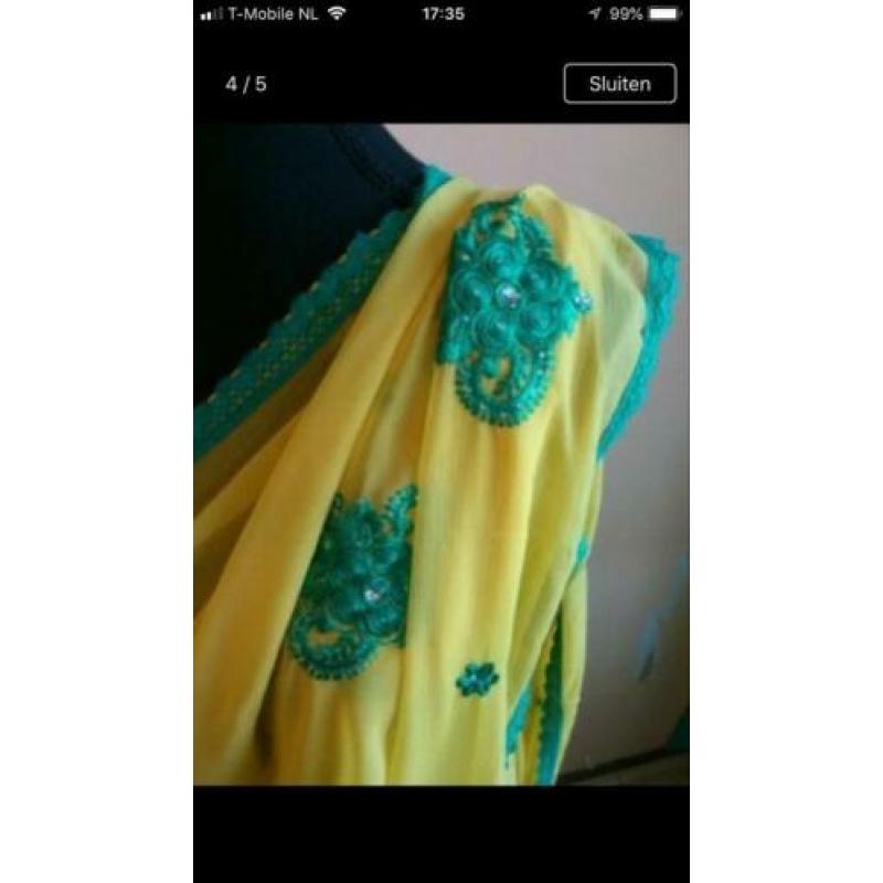 Geel groene Saree Sari ?? Indiase Jurk Georgette Nieuw