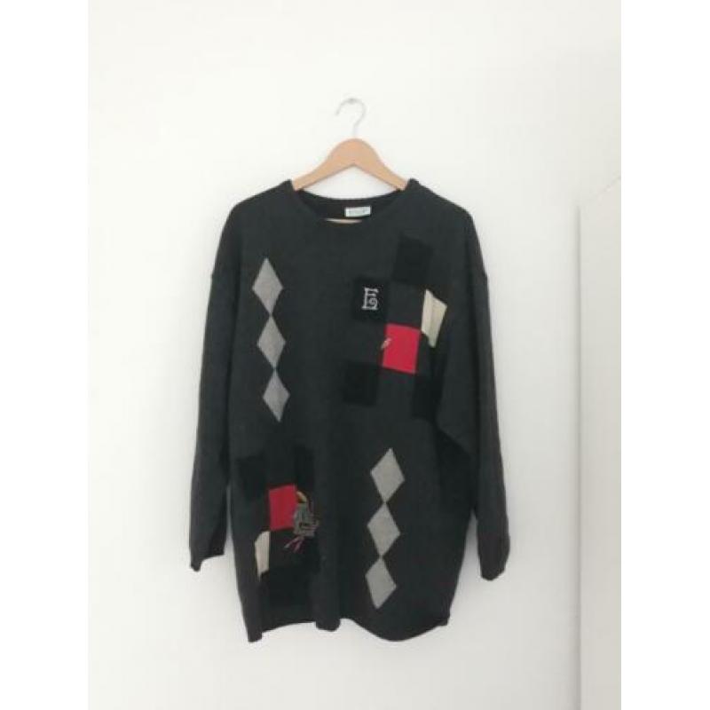 Vintage trui Basler grijs met print maat 48 (XXL) oversized