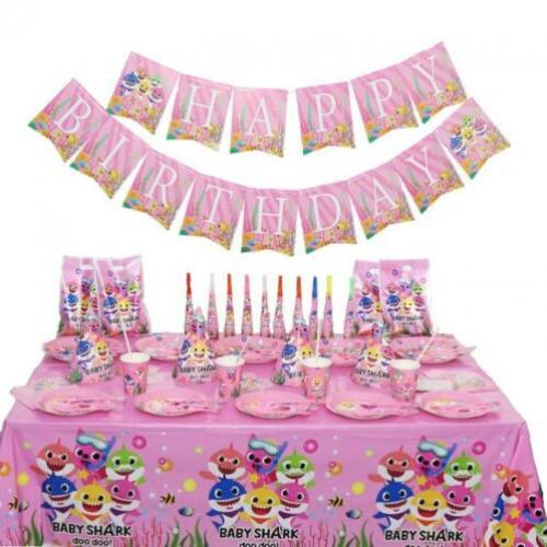 Roze baby shark verjaardag servies