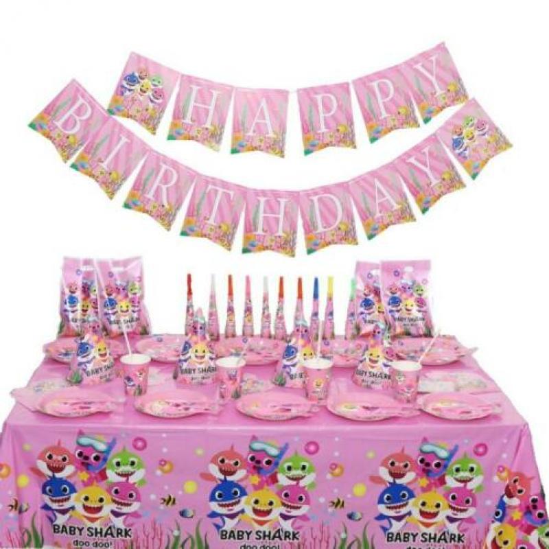 Roze baby shark verjaardag servies