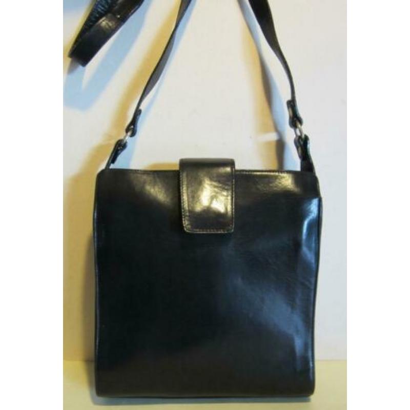 Vintage zwart leren schoudertasje, tas leer, zg staat! 774