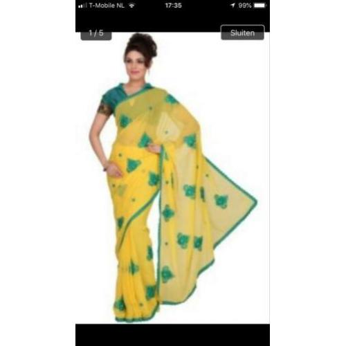 Geel groene Saree Sari ?? Indiase Jurk Georgette Nieuw