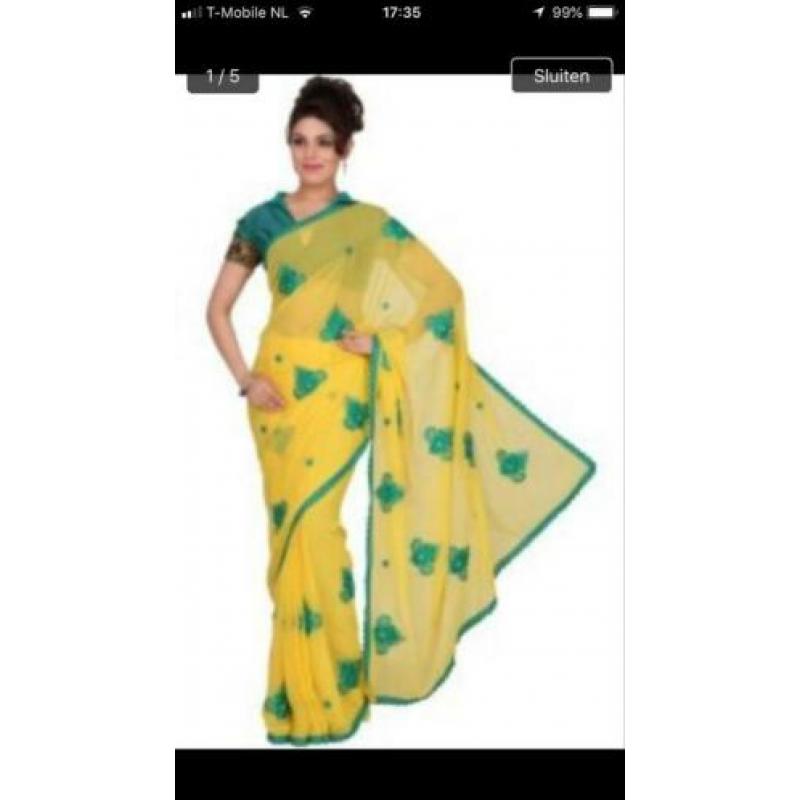 Geel groene Saree Sari ?? Indiase Jurk Georgette Nieuw