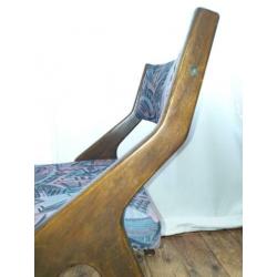 2 vintage houten design stoffen stoelen eetkamerstoelen