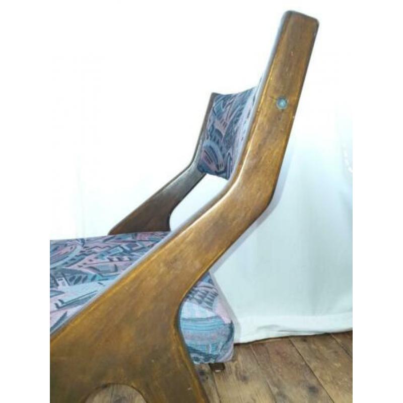 2 vintage houten design stoffen stoelen eetkamerstoelen