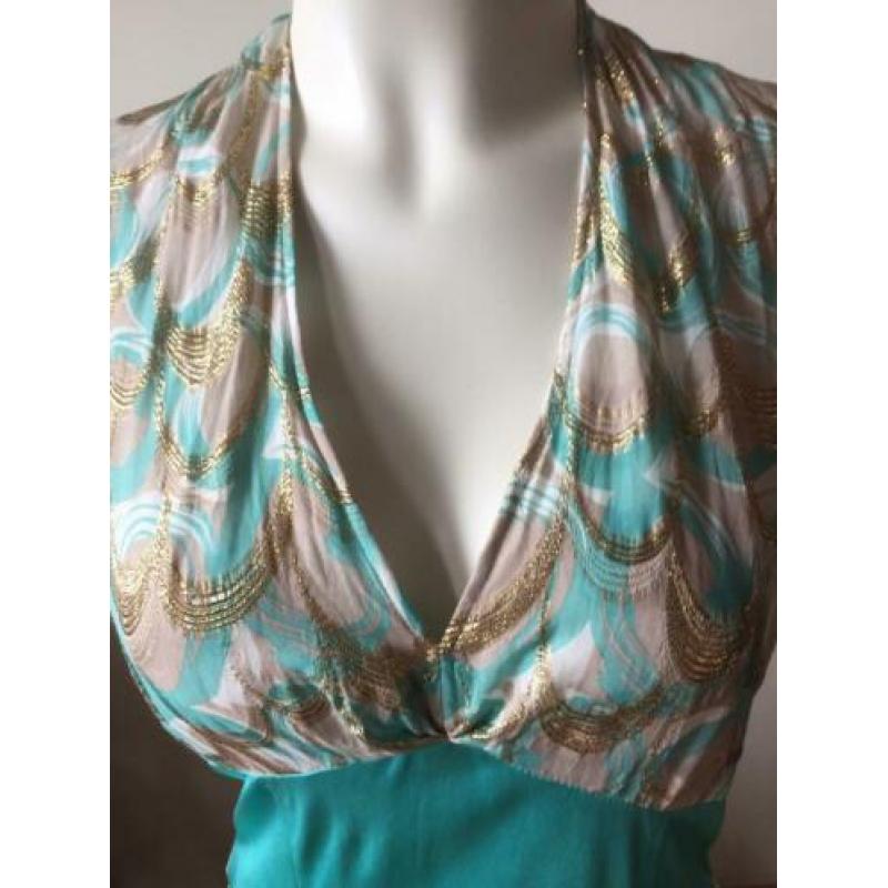 Maison vandevos turquoise blauw goud zijde jurkje 3 m