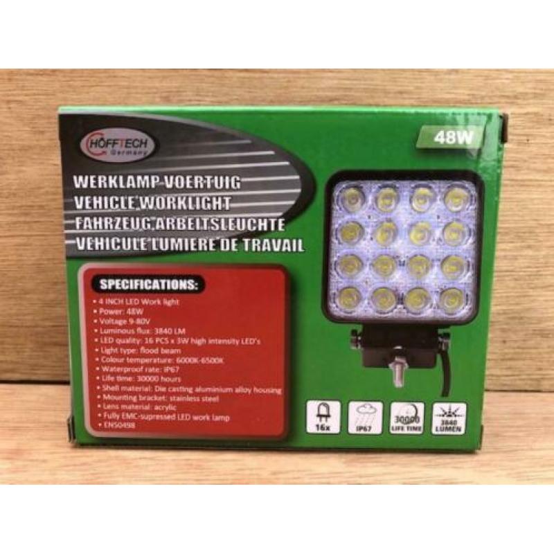 Werklamp 16 led 48 watt, 9-80 volt ontstoord.