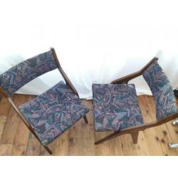 2 vintage houten design stoffen stoelen eetkamerstoelen