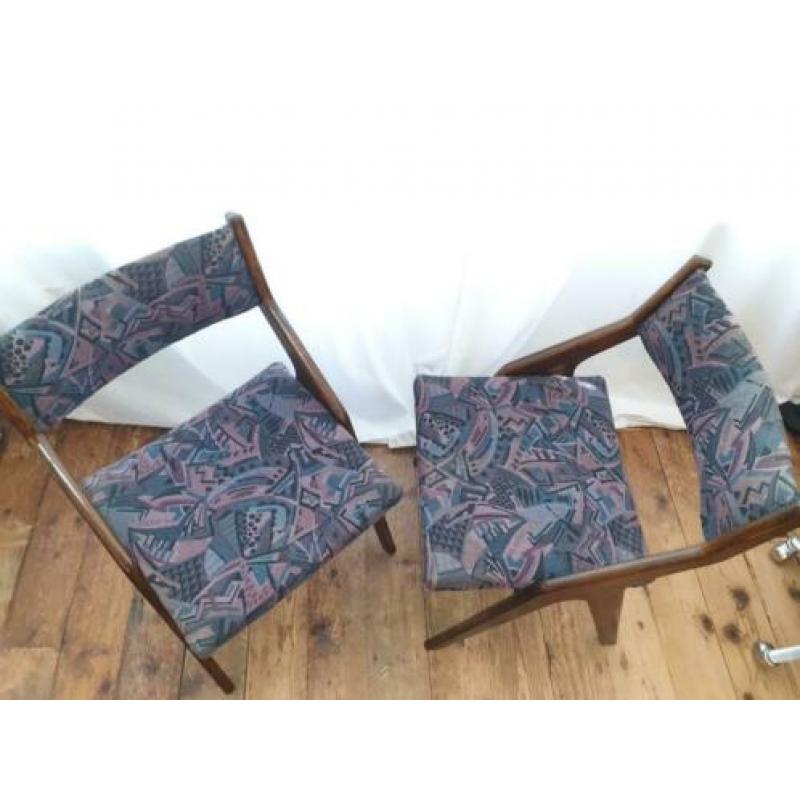2 vintage houten design stoffen stoelen eetkamerstoelen