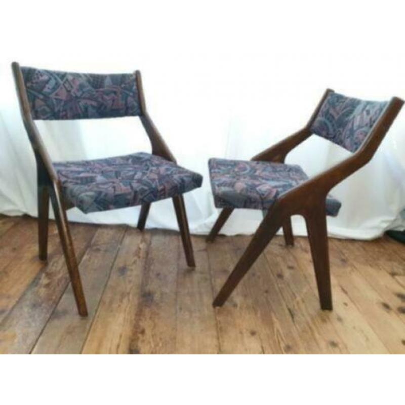 2 vintage houten design stoffen stoelen eetkamerstoelen