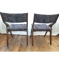 2 vintage houten design stoffen stoelen eetkamerstoelen