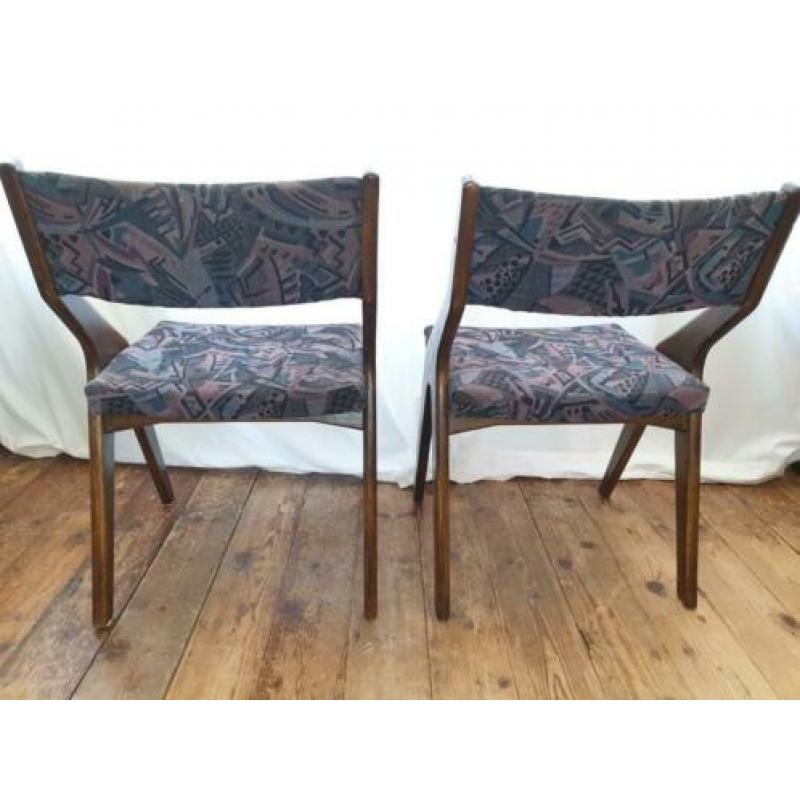 2 vintage houten design stoffen stoelen eetkamerstoelen