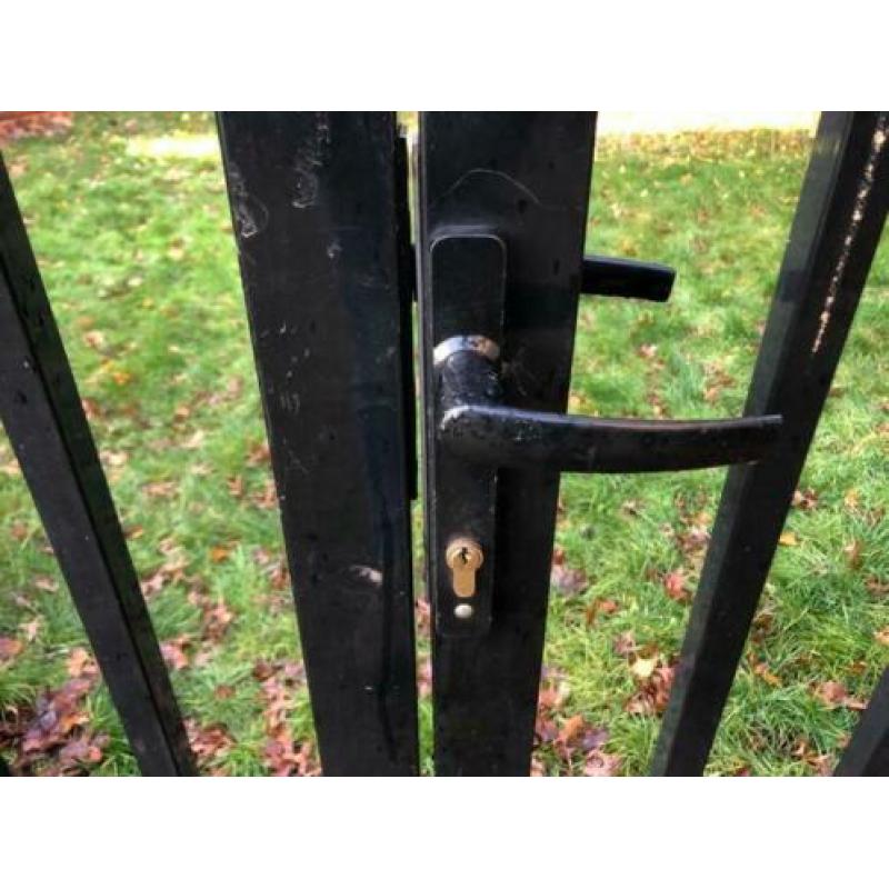 Stalen dubbel poort zwart gecoat. 305 breed en 180 hoog