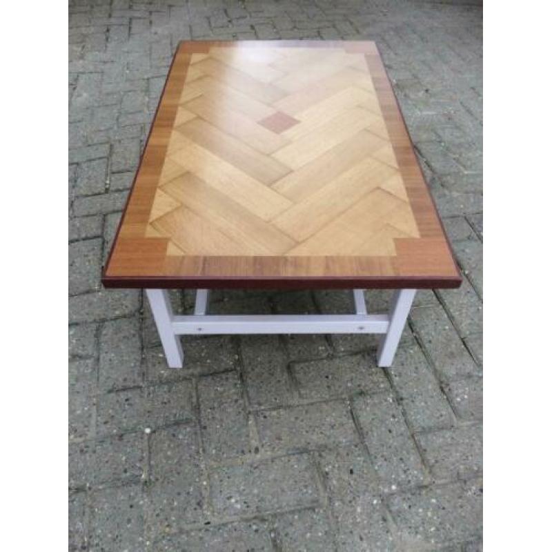 Salontafel eiken visgraat met glasplaat