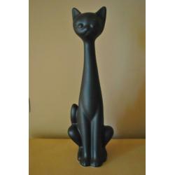 Beeld, kat, aardewerk, mat zwart, elegant, 52 cm hoog