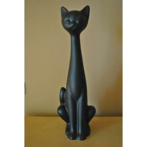 Beeld, kat, aardewerk, mat zwart, elegant, 52 cm hoog