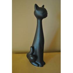 Beeld, kat, aardewerk, mat zwart, elegant, 52 cm hoog