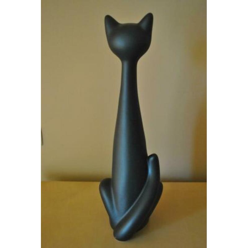 Beeld, kat, aardewerk, mat zwart, elegant, 52 cm hoog