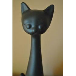 Beeld, kat, aardewerk, mat zwart, elegant, 52 cm hoog