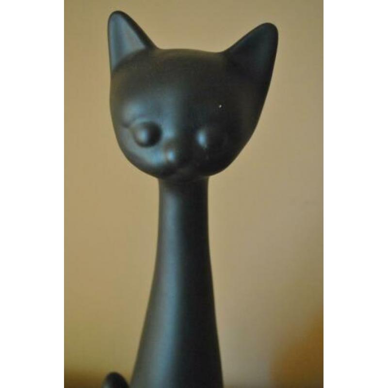 Beeld, kat, aardewerk, mat zwart, elegant, 52 cm hoog