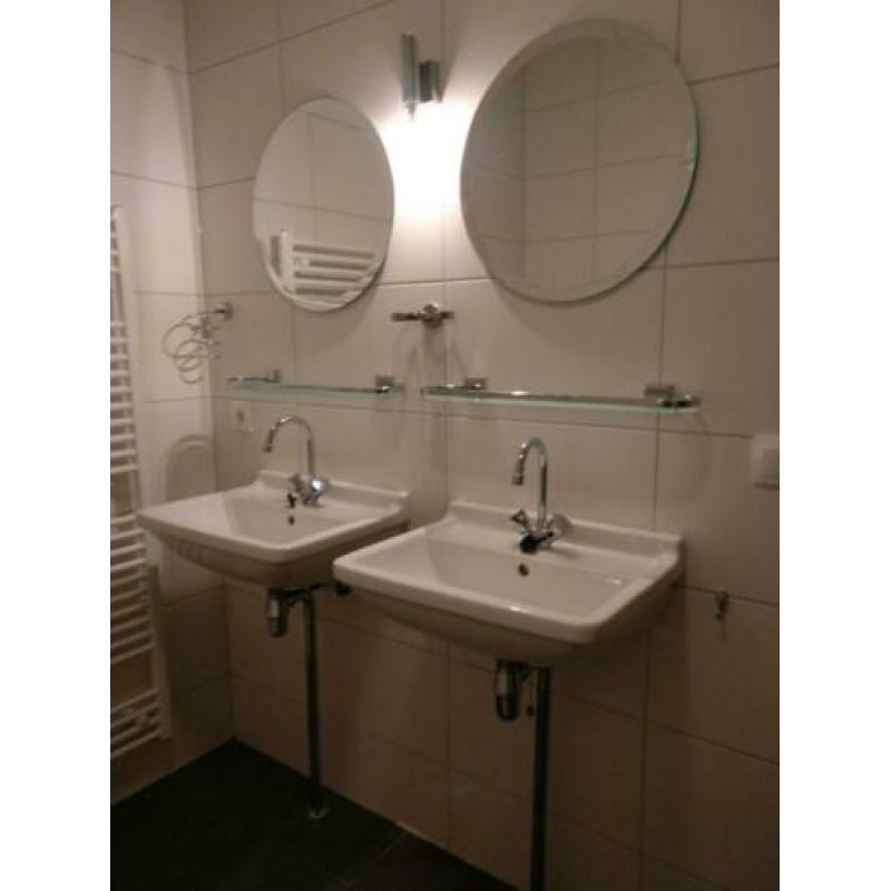 Twee wastafels met kraan, planchet en spiegel.