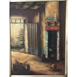 Oud olieverfschilderij boerenhuis haard mooie lijst 48x39cm
