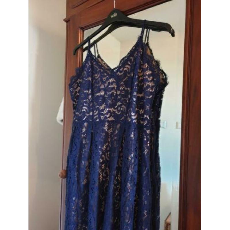 Blauwe kanten midi jurk met beige h&m maat 50