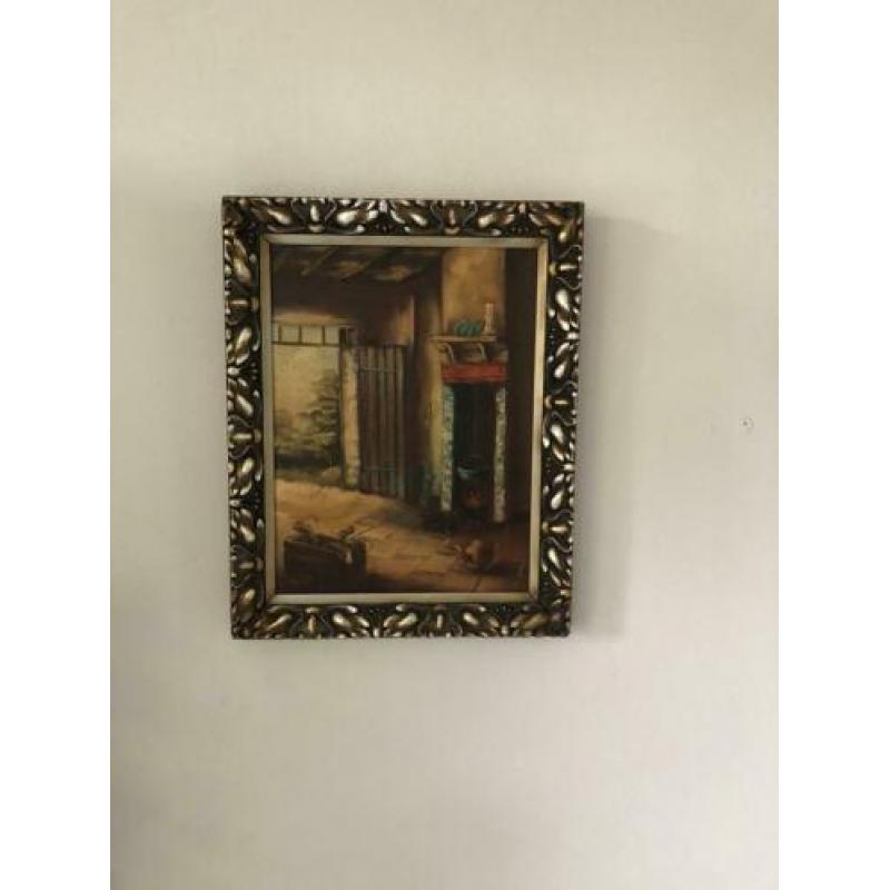 Oud olieverfschilderij boerenhuis haard mooie lijst 48x39cm