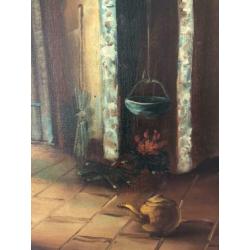Oud olieverfschilderij boerenhuis haard mooie lijst 48x39cm