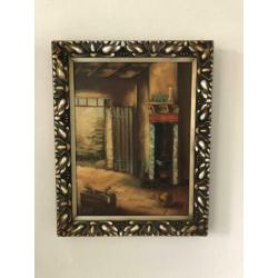 Oud olieverfschilderij boerenhuis haard mooie lijst 48x39cm