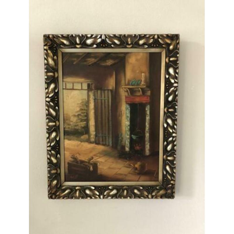 Oud olieverfschilderij boerenhuis haard mooie lijst 48x39cm