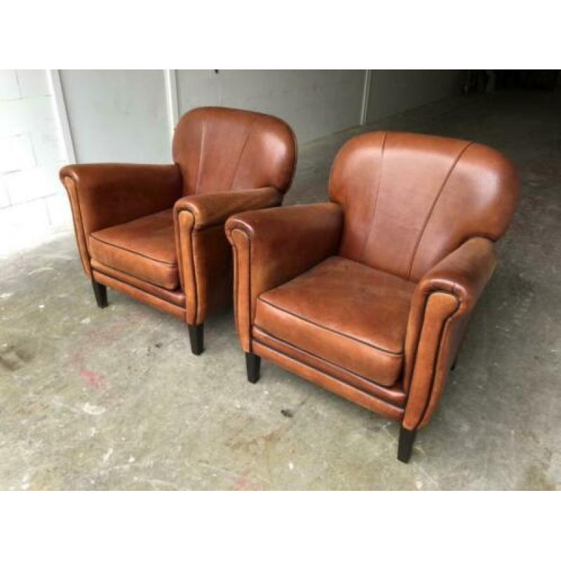 Schapenleren Art-Deco clubfauteuils zwarte bies I.Z.G.S.