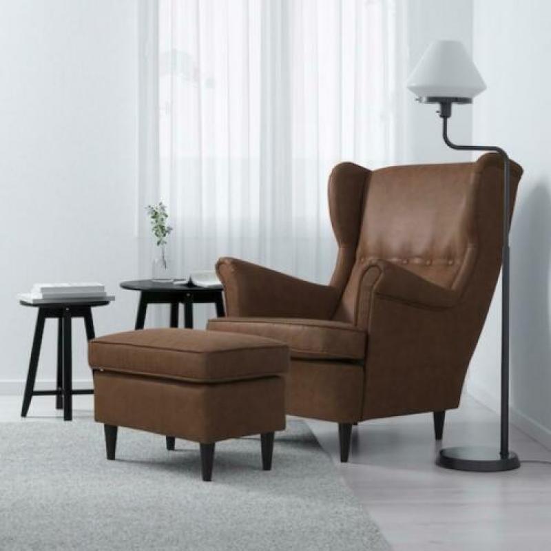 Ikea strandmon fauteuil & poef leer