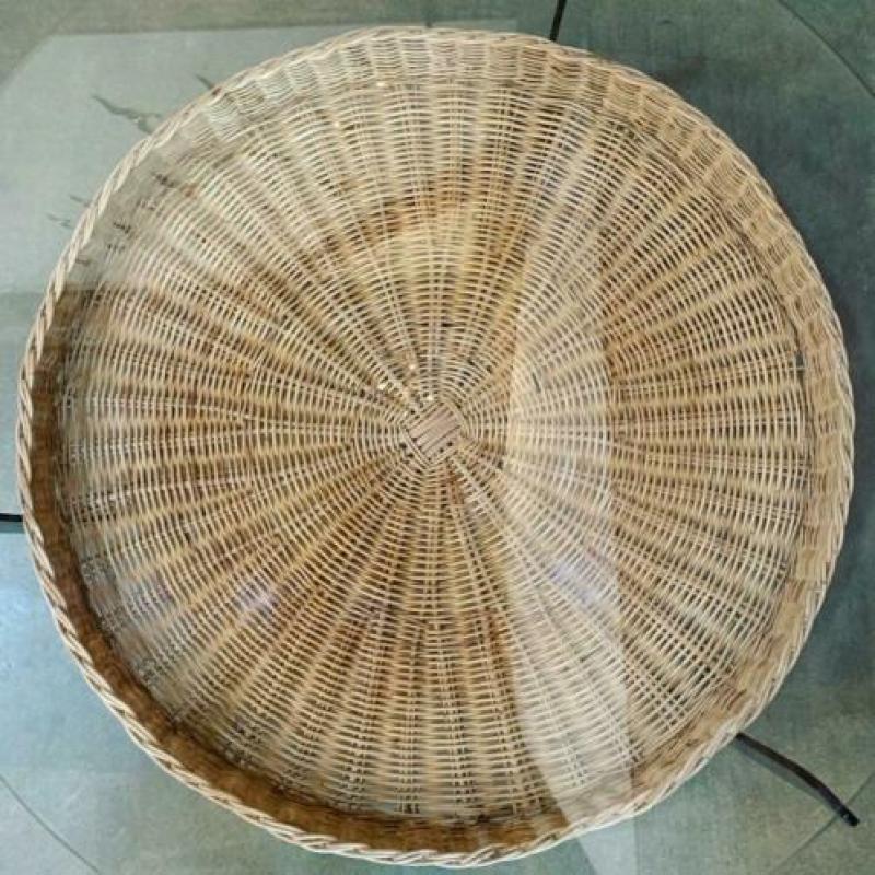 Vintage design salontafel glas staal rotan