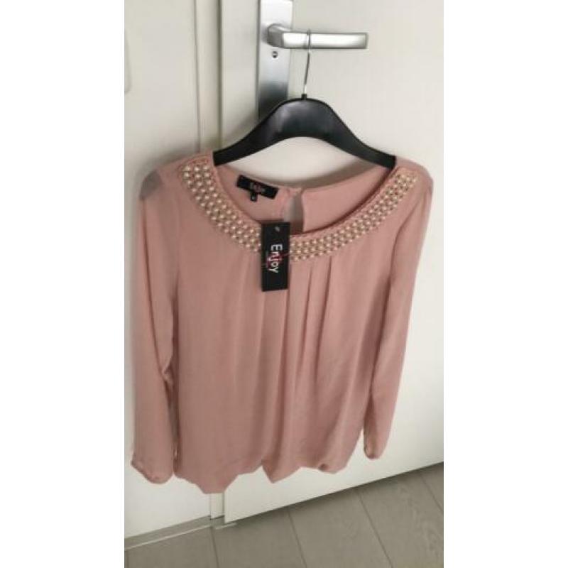 Enjoy top zachtroze met parel hals nieuw medium