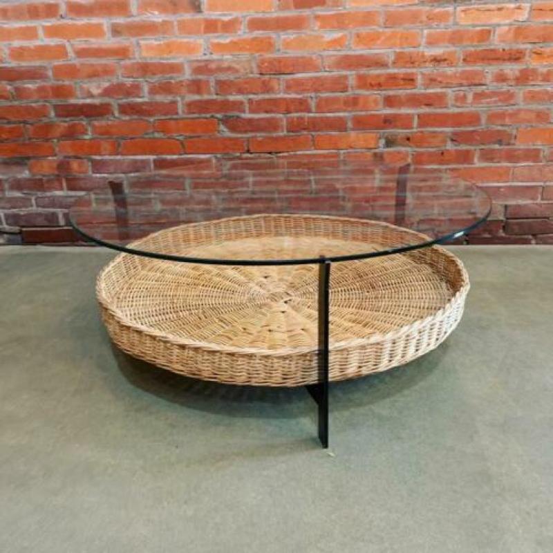 Vintage design salontafel glas staal rotan