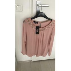 Enjoy top zachtroze met parel hals nieuw medium
