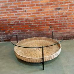 Vintage design salontafel glas staal rotan