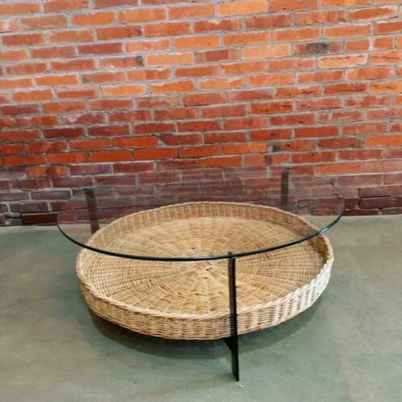 Vintage design salontafel glas staal rotan