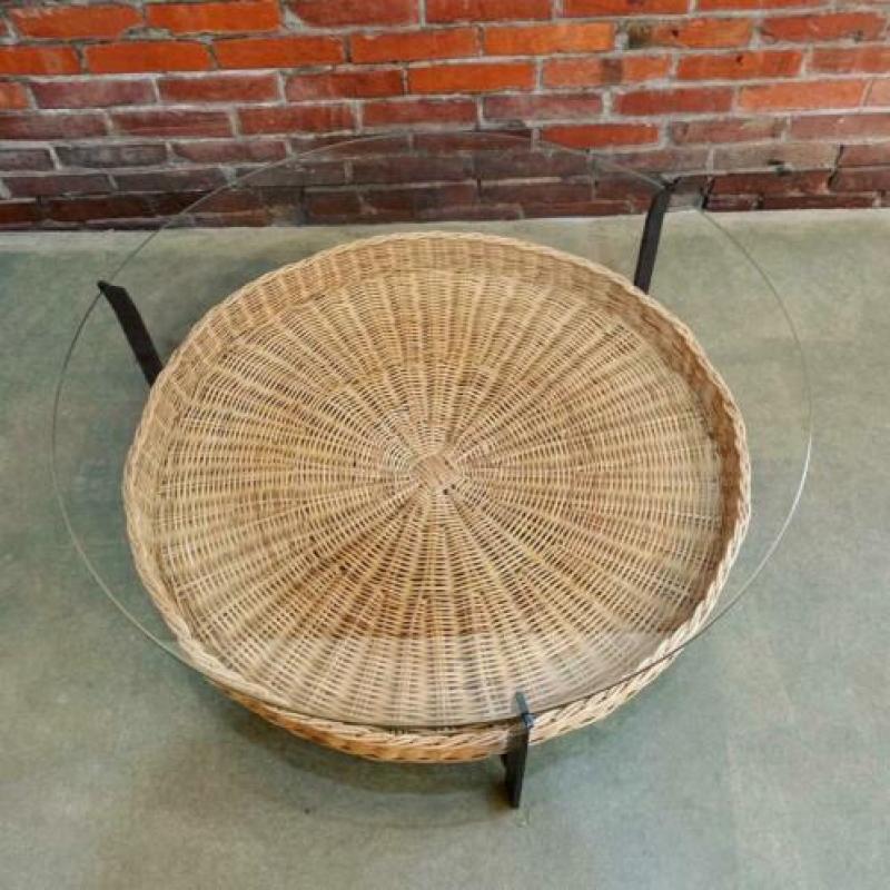 Vintage design salontafel glas staal rotan