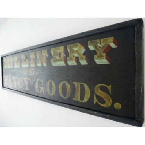 Antiek reclame bord/houten paneel/hoeden- modewinkel